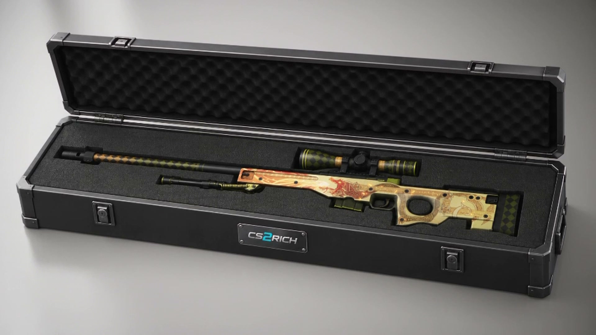 The black CS2RICH case opens to reveal Dragon Lore