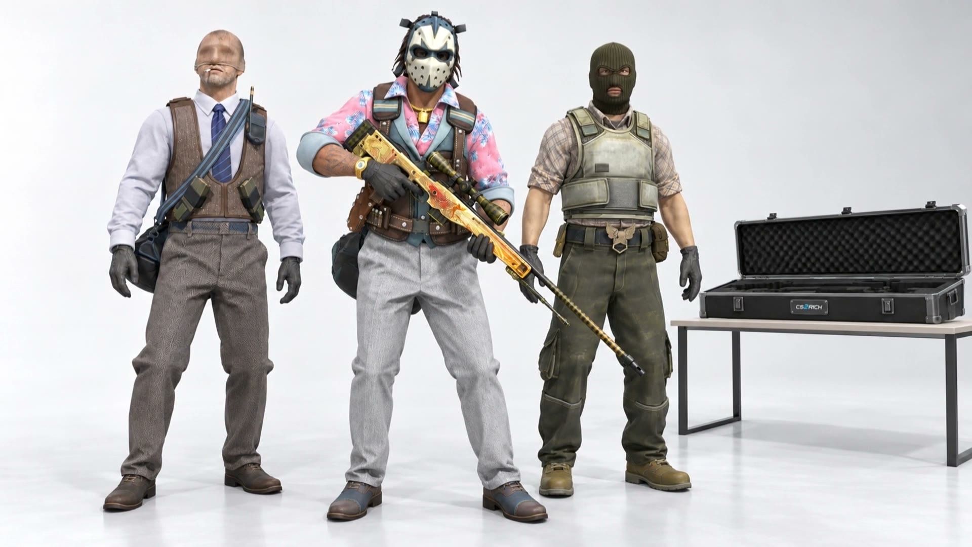 The hero holds Dragon Lore with two companions and the open case