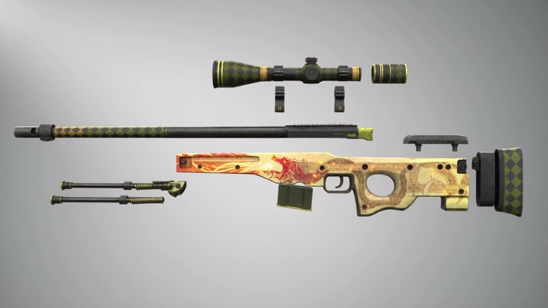Dragon Lore's scope, barrel and stock separated in a light studio